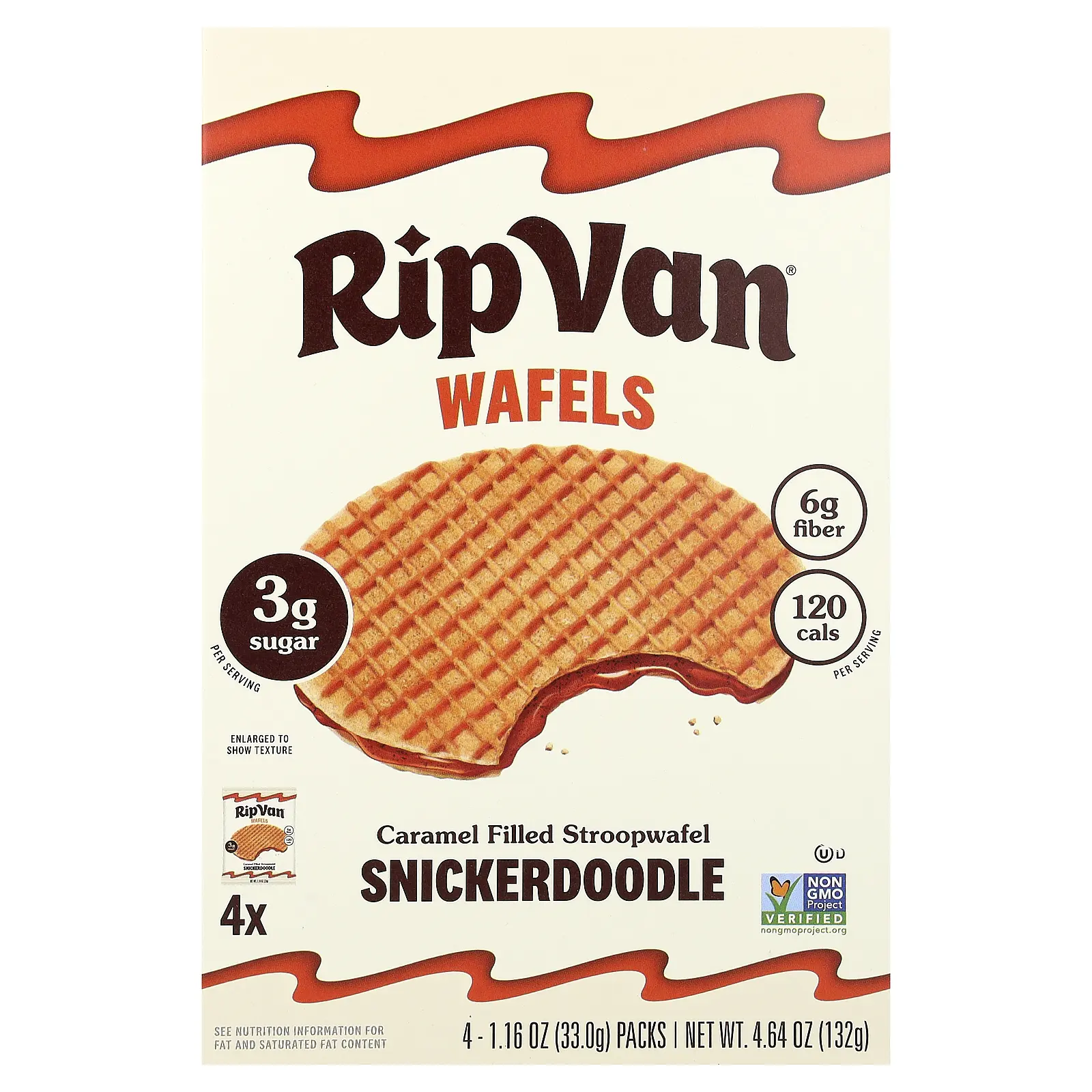 Rip Van Wafels Caramel Filled Stroopwafel, Snickerdoodle, 4 Packs, 1.16 oz (33 g) Each
