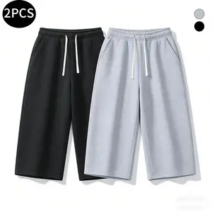 Men's 3/4 sweatpants Solid Color Drawstring Shorts Loose Straight Leg Cropped Knitted Sports Pants Multifunctional Basic Casual Streetwear Daily Wear