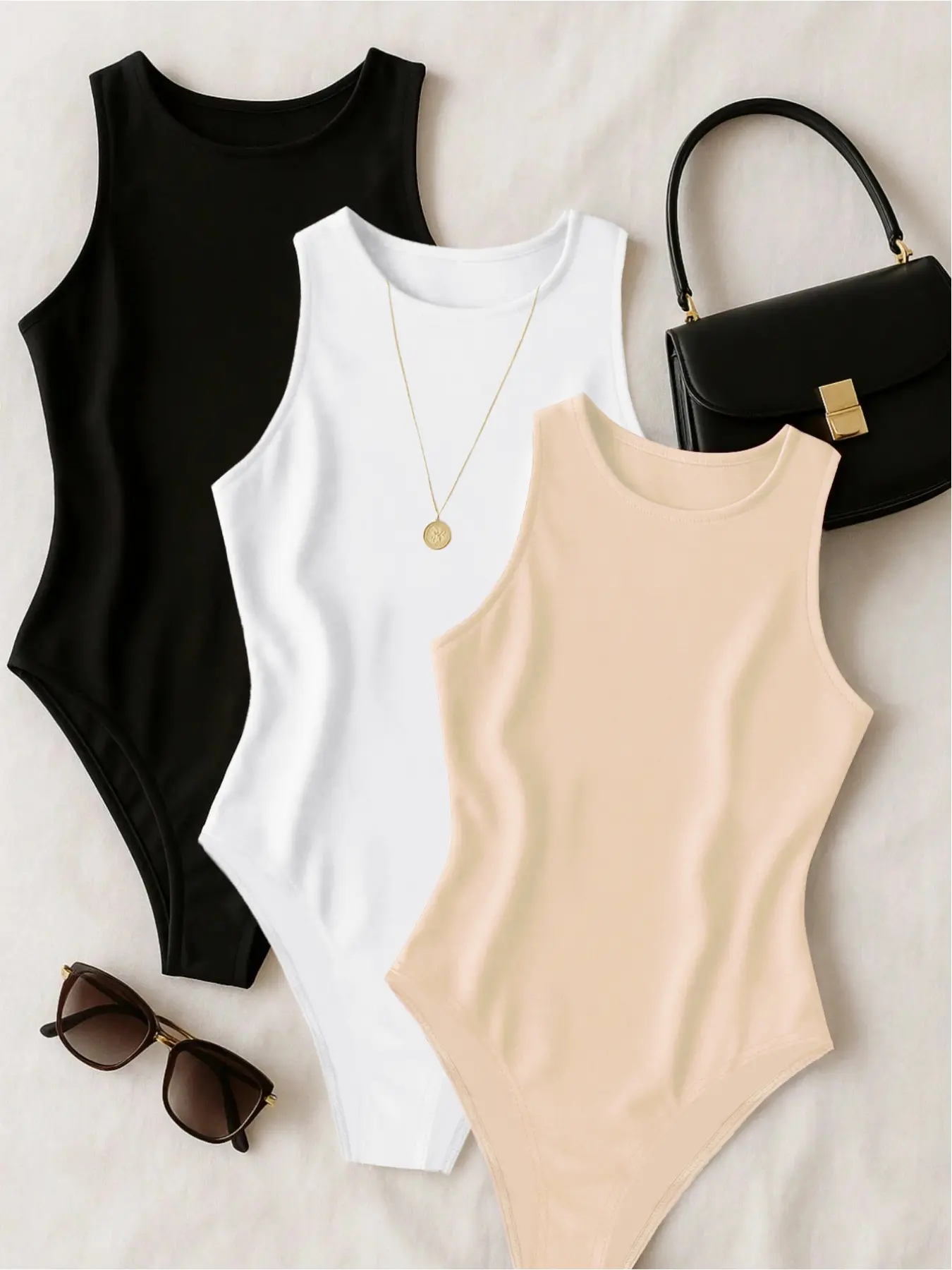 Fashionable basic versatile elegant sleeveless round neck women's bodysuit three-piece set