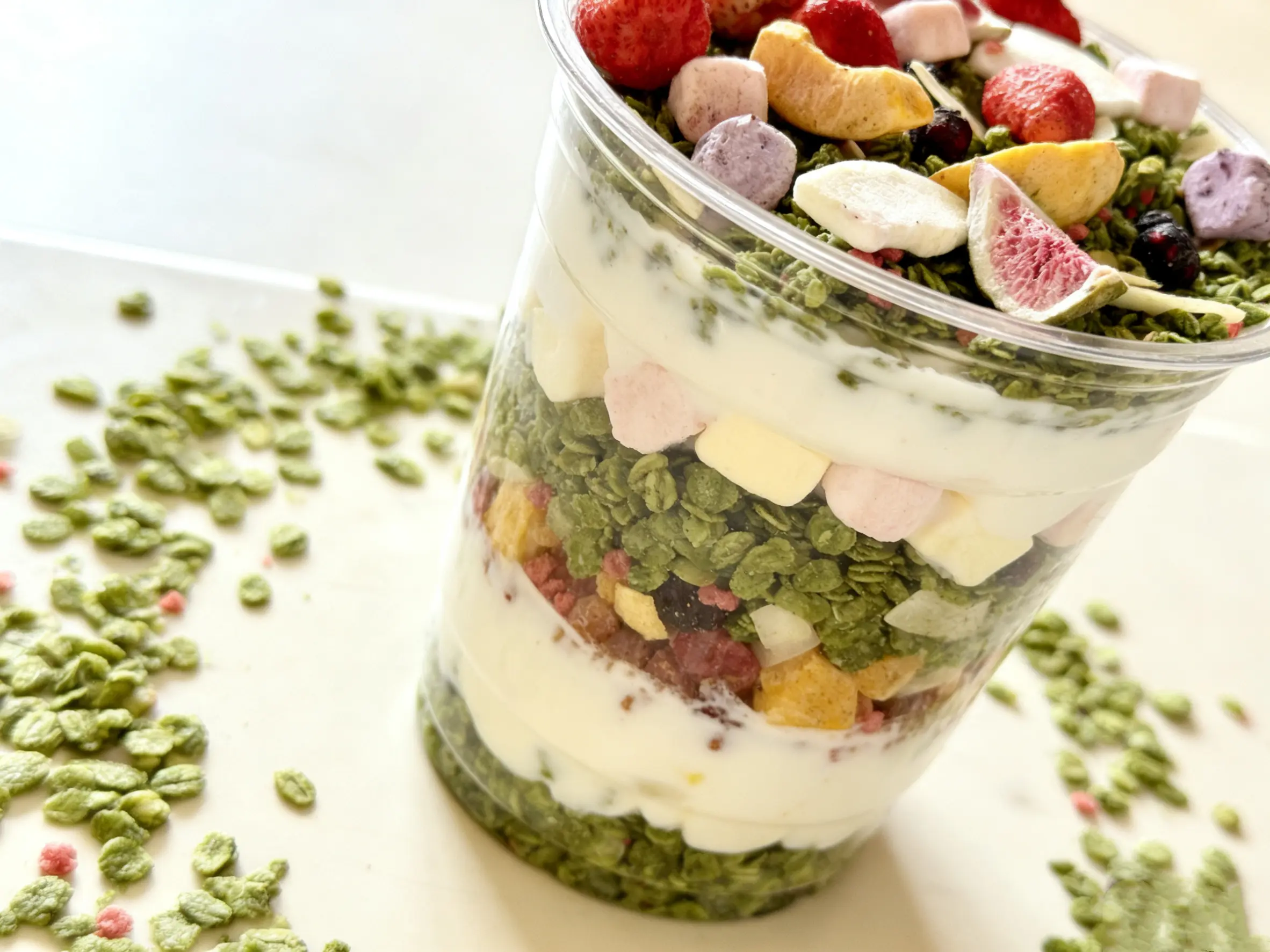 Matcha Granola with Delicious Crunchy Freeze-Dried Fruits- Strawberries, Figs, Blueberries, Mangos, Peaches, Apples,  almonds, Coconut Flakes, Dried Yogurt Bites⋯⋯