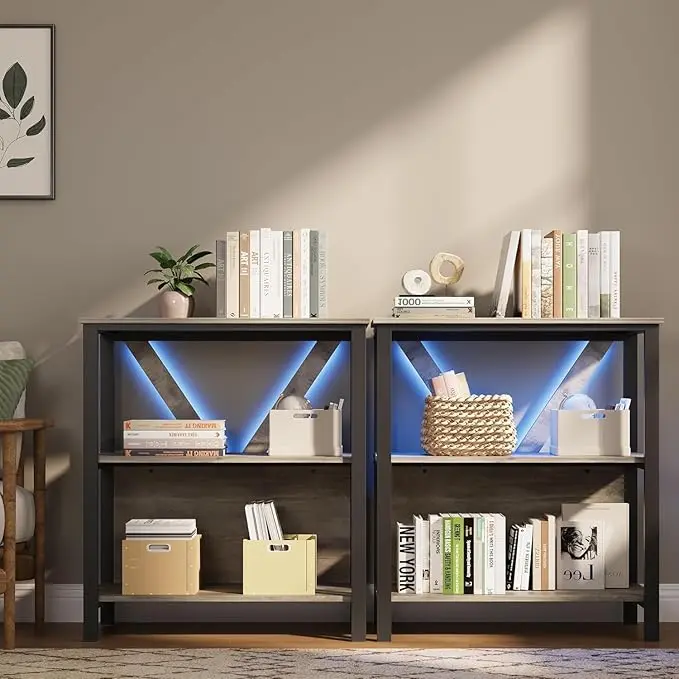 3 Tier Bookshelf with LED Lights, Industrial Bookcase Open Display Shelf, Tall Bookshelf Organizer with Baffles, Wooden Freestanding Bookshelf Storage for Home Office, Living Room