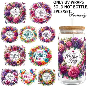 5Pcs/Set Happy Mothers Day Mama 16OZ Glass Jar Transfer Paper UV DTF High Self-Adhesive Sticker Adhesive Vinyl Transfer Paper Suitable For Decorating Cups And Bottles