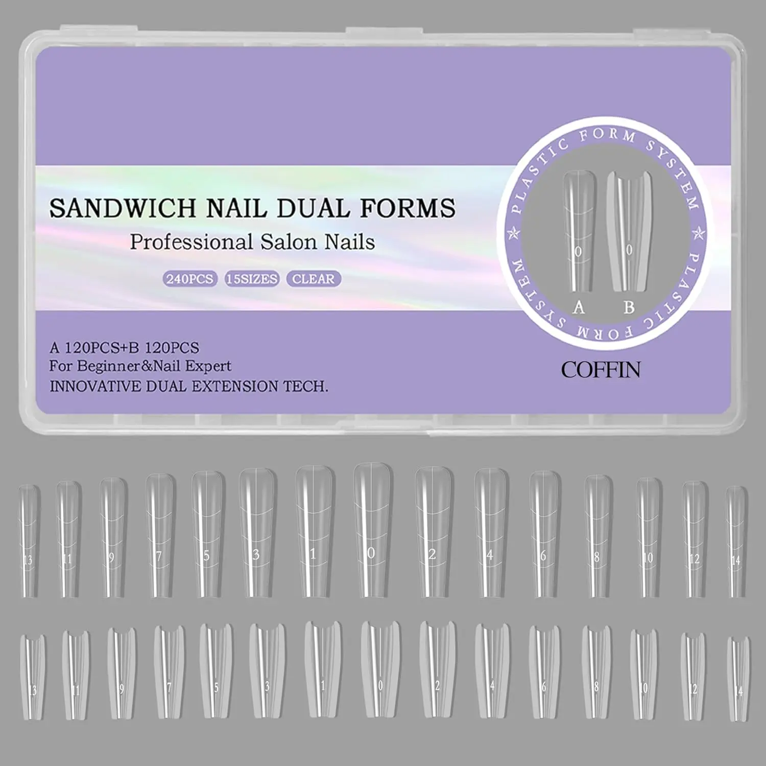 VOCOSTE 240-piece Sandwich Dual Nail Forms, Fine Dog Ladder, Oval Nail Art Tools for Quick Nail Extension, Reusable Plastic Molds, Long Nail DIY Salon and Bridal Party Nail Set, Nail Tips