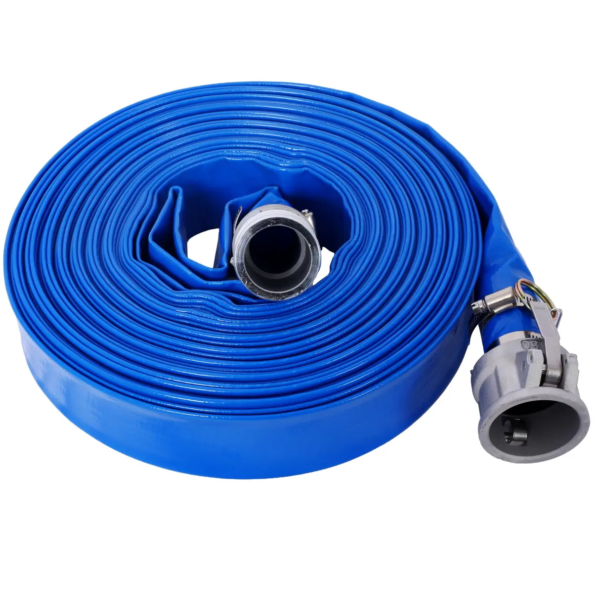 1.5" ID * 100 ft Pool Backwash Hose, Heavy Duty Reinforced Blue PVC Lay Flat Water Discharge Pump Hoses For Swimming Drain Pools and Clean Filters, with Aluminum Camlock C and E Fittings