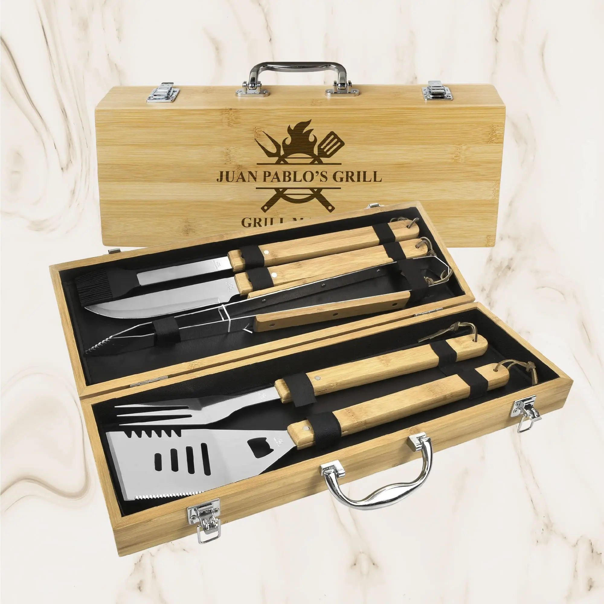 Personalized BBQ set box for men, custom engraved name outdoor cooking barbecue master grilling utensil accessories kit for dad & husband, father’s day gift (Best Dad Ever)