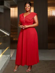 【Plus Size】 Solid Color Button Decor Pleated Dress, Formal Dresses Women, Elegant Classy Flattering Sleeveless Collared A Line Dress for Party Holiday Wedding Guest, Women's Clothes for All Seasons
