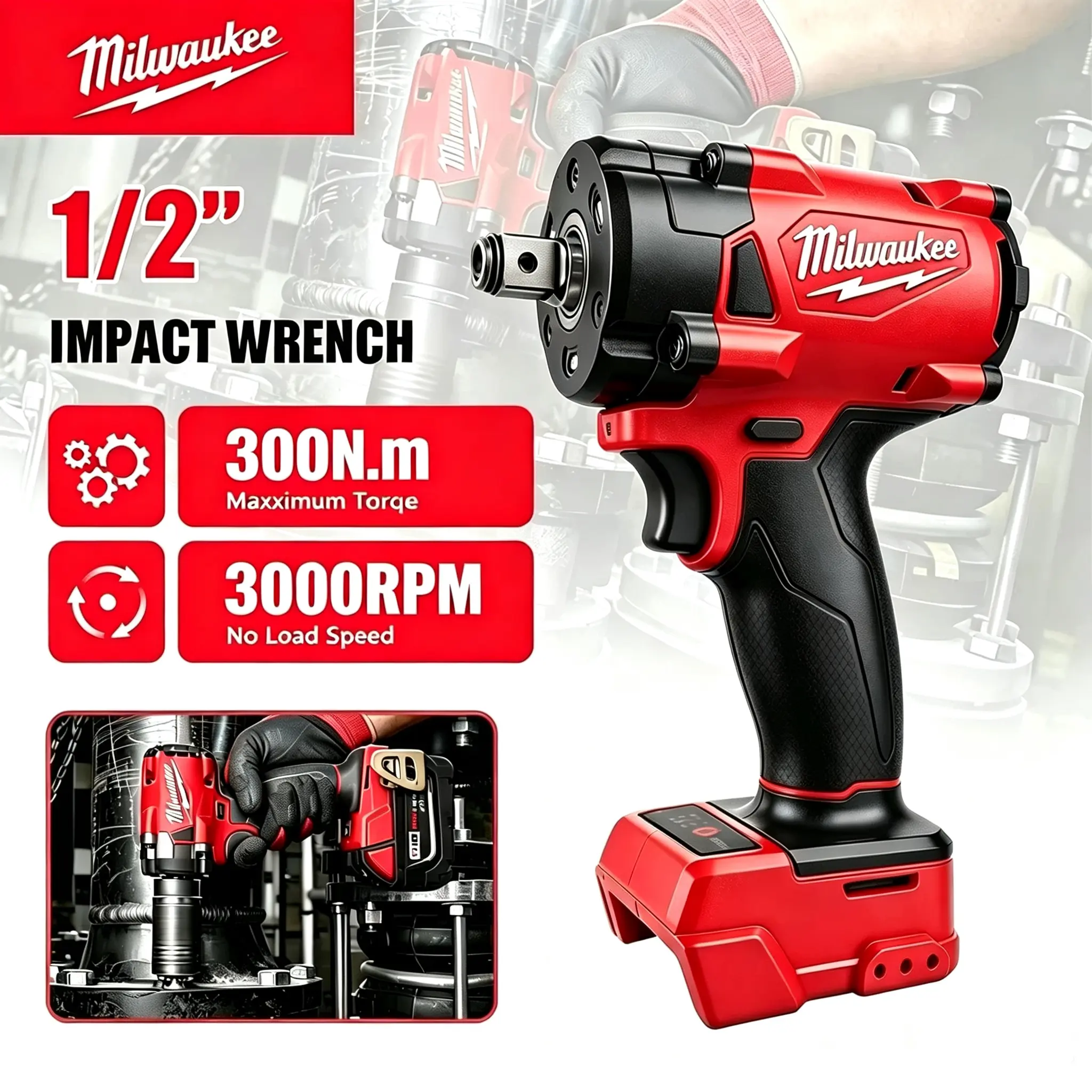 Milwaukee M18 Series 1/2"   Brushless Cordless High Torque Impact Wrench Kit, 300N.m, 3000RPM, 3 LED Lights, Compact Power Tool for Heavy Repairs