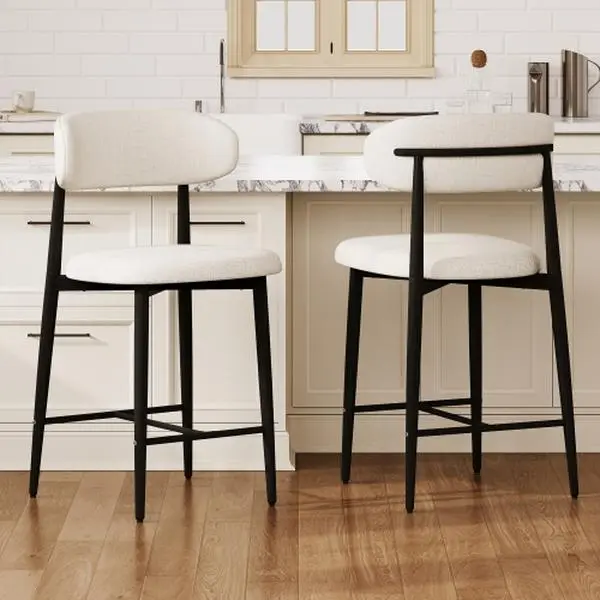 Bellemave 2-Piece 26-Inch Counter Height Barstools, Mid-Century Modern Soft Cushioned Stools with Curved Back, Armrest, Metal Legs, Steel Frame, Rolling Design, 300 lbs Capacity, Easy Setup for Compact Kitchens, Beige Indoor Chairs
