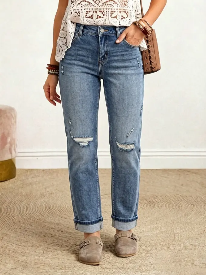 Women Mid Rise Distressed Ripped Boyfriend Jeans Rolled Cuff Casual Stretch Vintage Denim Pants 2 Color Options