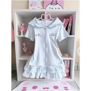 Japanese Kawaii Lolita 2-Pieces Set Women Sweet Rabbit Ear Zipper Hooded Tops + Cute Cake Mini Skirt Harajuku Y2k Outfits Summer