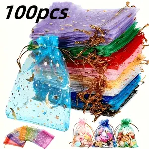 100pcs Moon Star Organza Drawstring Bags, Vibrant Mixed Colors with Gold Stars & Moon Accents, Transparent Jewelry Candy Gift Pouches