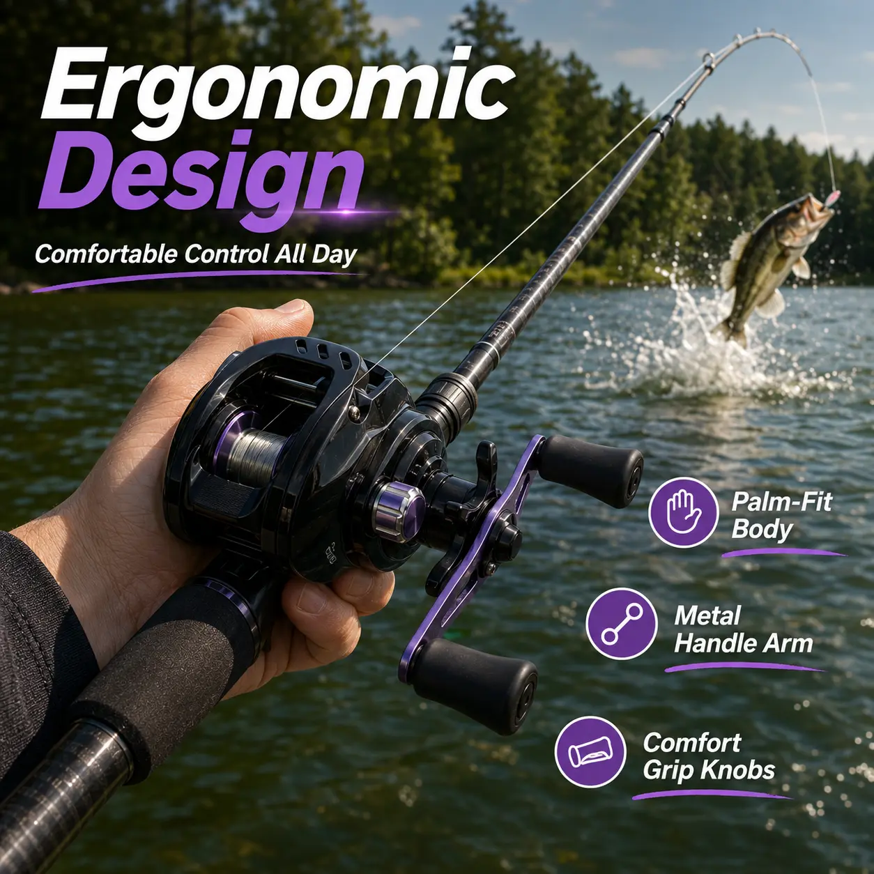 Baitcasting Fishing Reel 7.2:1 High Speed 17.64LB Max Drag 5+ Bearings Magnetic Brake System Anti-Backlash Reel Stylish Black & Purple Design for Bass Pike Trout