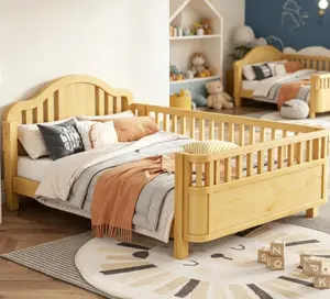 Full Size Wood Platform Bed - Low Profile Kids Bed with Safety Rails, Natural Finish