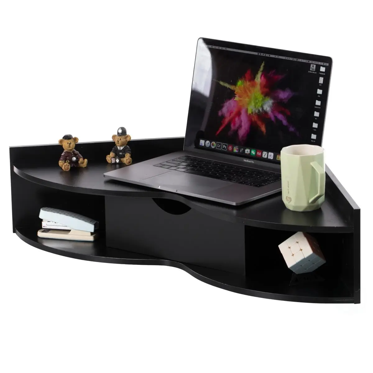 212 MAIN Heart-Form Corner Desk with Drawers - 7x33x23.5in Wall-Mounted MDF Wood Office Writing Table, 2 Shelves, Basic Design, Easy Assembly, Space-Saving, Work From Home, Study Space, Fits Any Style Room Decor, Black Composite Wood Commercial Furniture