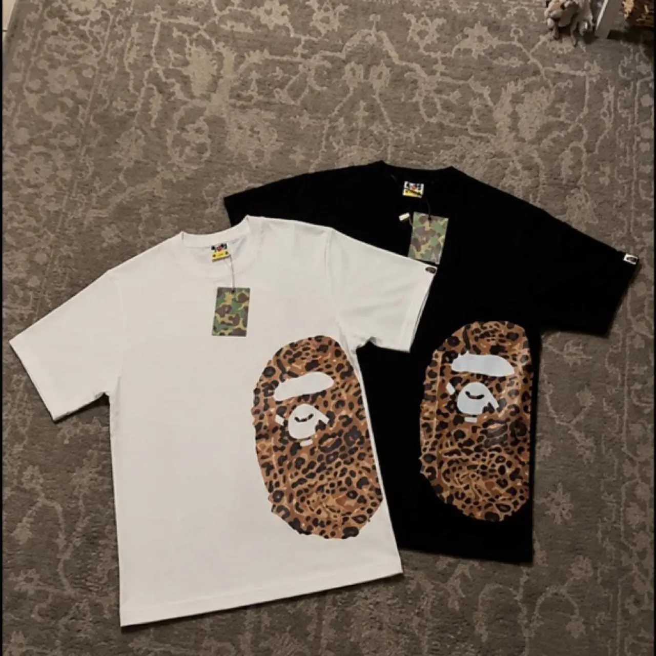 Menswear Casual Short-Sleeve Shirt, Size L BAPE White & Black Tee with Cheetah Print Ape Head Graphic