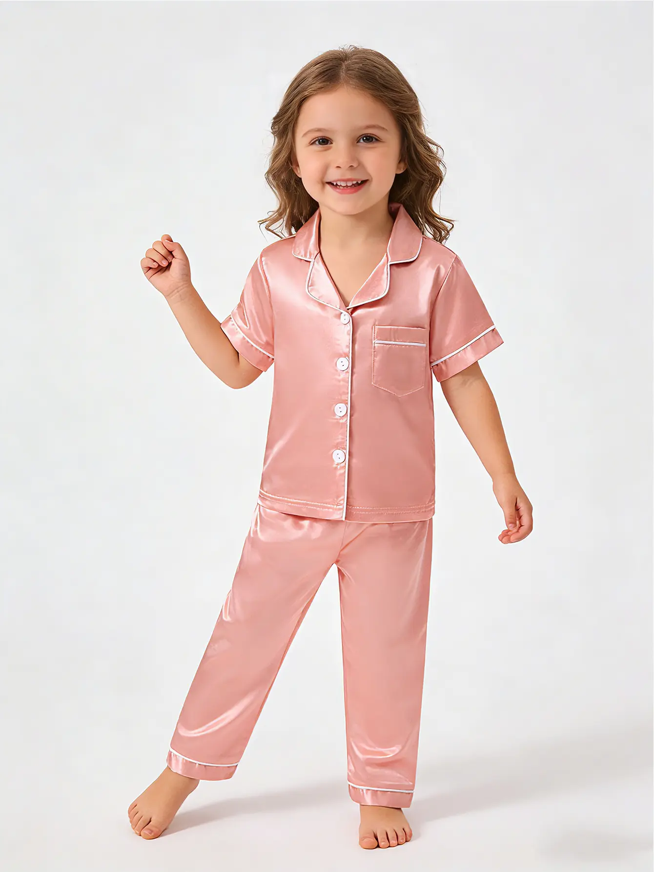 Kaka Here Unisex Kids' Casual Comfy Pajama Set, 1-8Y (4-5Y Incl) Polyester Plain Color-Block Sleepwear, Short-Sleeve/Long-Pant Options, Soft Cool Satin, Front Vent, Machine Washable