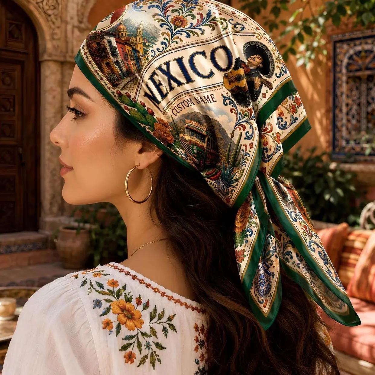 Custom Mexico Satin Scarf, Personalized Mexico Bandana, Mexico Flag Head Scarf, Mexico Heritage Gift for Women