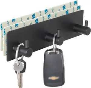 Key Holder for Wall with 2 Self-Adhesive Tapes, No  Key Holder Rack for Wall with 3 Key Hooks for Entryway, Door, Bathroom, Kitchen(Black)