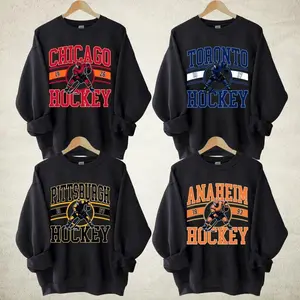 🏒🏒🏒 Vintage All Team Hockey Black Sweatshirt, Retro Ice Hockey Crewneck, Classic Team Fan Pullover, Unisex Sports Graphic Sweater