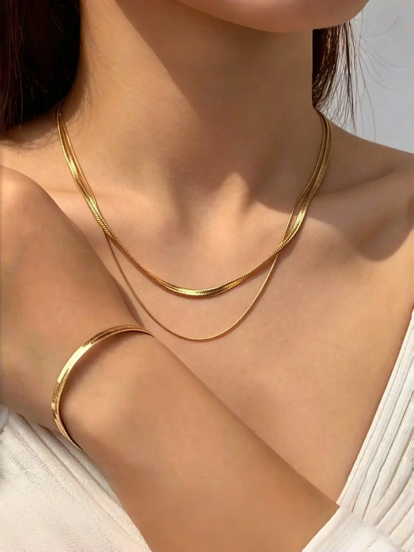 2pcs/set Minimalist Flat Snake Chain Necklace and Bracelet Set, Stainless Steel, Elegant Daily Wear, Ideal Gift for Women, Jewelry Sets