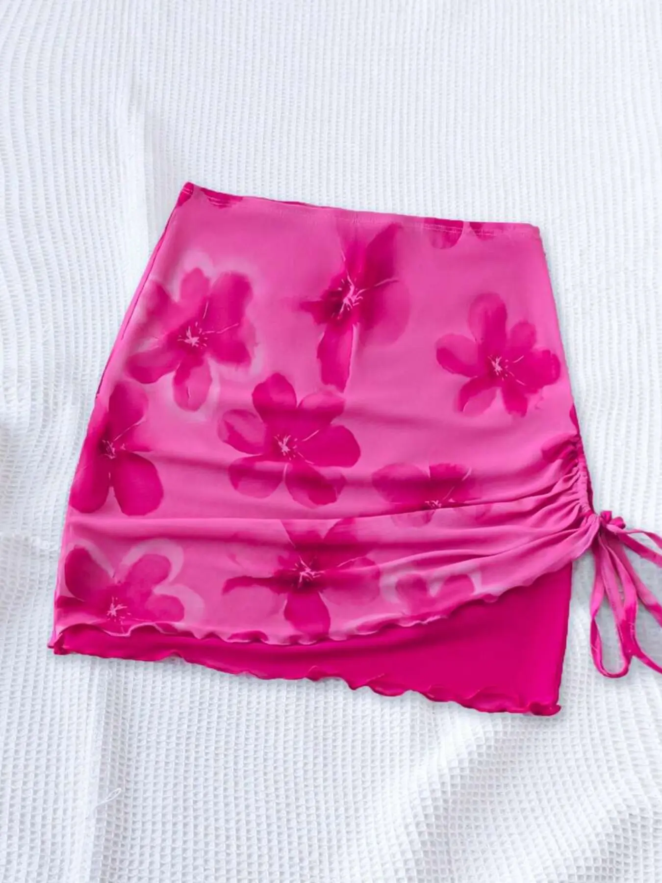 Women's Casual Beachwear Drawstring Mesh Fabric Breathable Floral Print A-Line Skirt, Beach Holiday Skirt, Casual Fashionable Skirt, Summer Fashion, Comfortable and Stylish, Floral Pattern, Womenswear, Adjustable