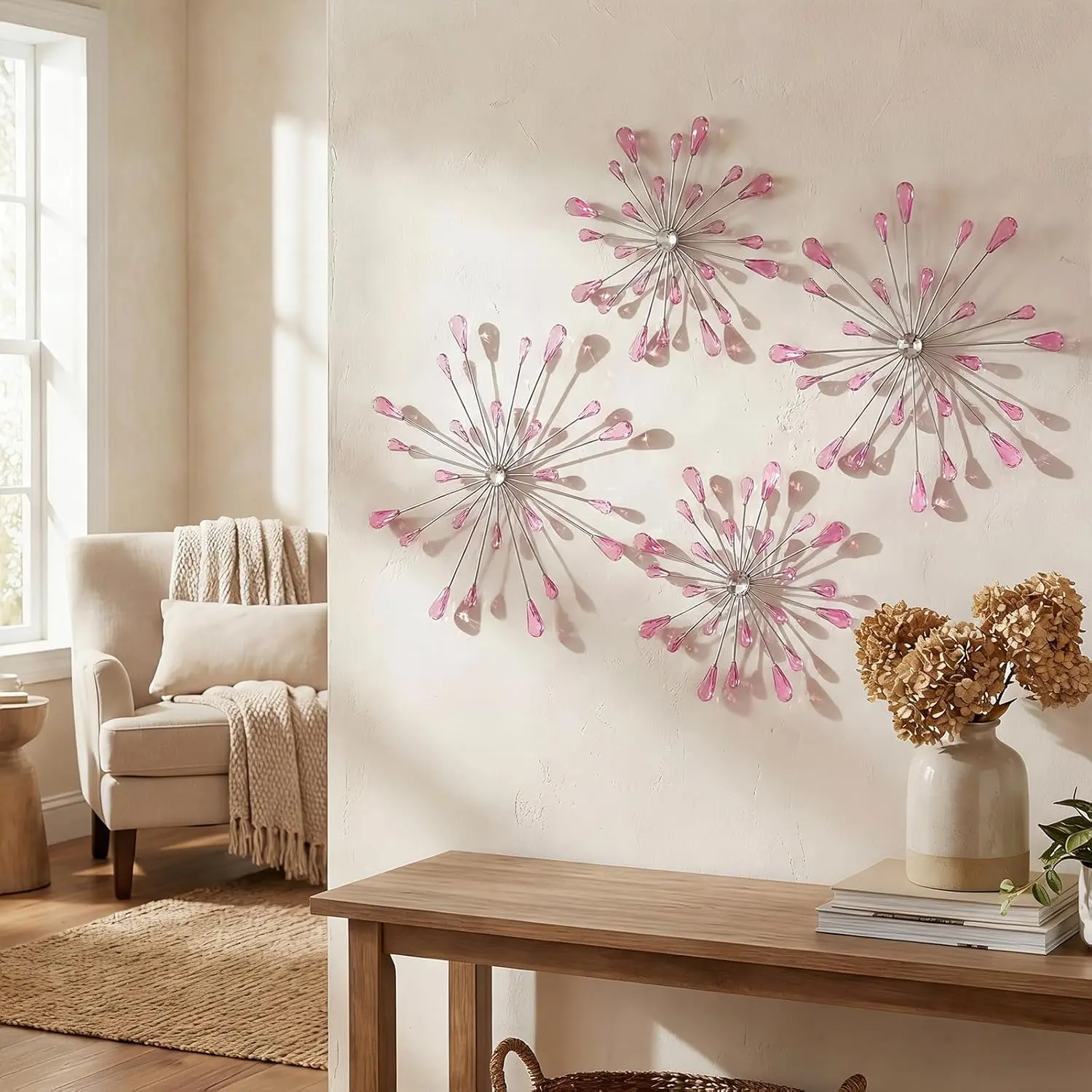ZEXUIRU 4 Pcs Pink Starburst Wall Decor Metal Bling Wall Art Crystal Accents 3D Modern Decoration Glam Hanging Sculptures for Living Room Bedroom Office Teen Girl Room – Easy to Hang Home Decor Set