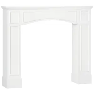 Modern Fireplace Mantel – Surround Mantels with Decorative Pattern. Interior Width 29". 45.25"W x 9.25"D x 39.25"H. 66 lbs Capacity. Anti-Tipping Mechanism. White
