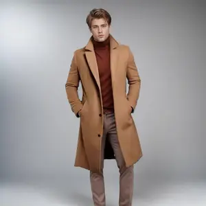 Men's 2025 Winter Multi-Color Imitation Wool Trench Coat, Slim Single-Breasted Long Coat with Notch Lapel, Warm Casual Fashion Outerwear