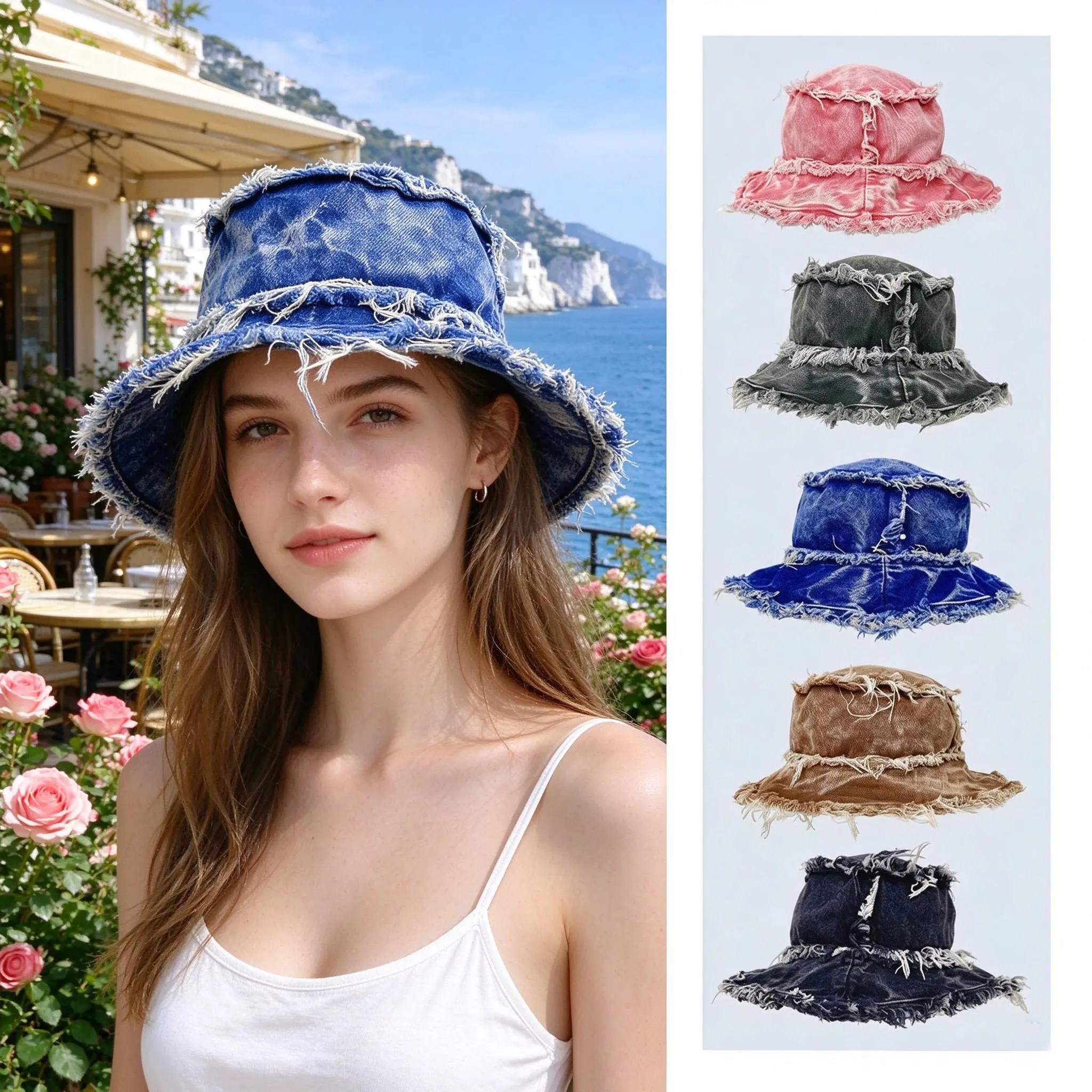 Unisex Vintage Style Denim Distressed Bucket Hat, Double-Side-Wear Breathable Material Hip-Hop Style Summer Sun Hat
