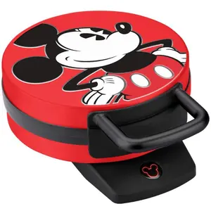 Mickey Mouse Waffle Maker by Select Brands, Easy Bake Nonstick Coated Waffle Iron, 7" Mickey Shaped Breakfast or Dessert Waffle in Minutes - Red, 800W