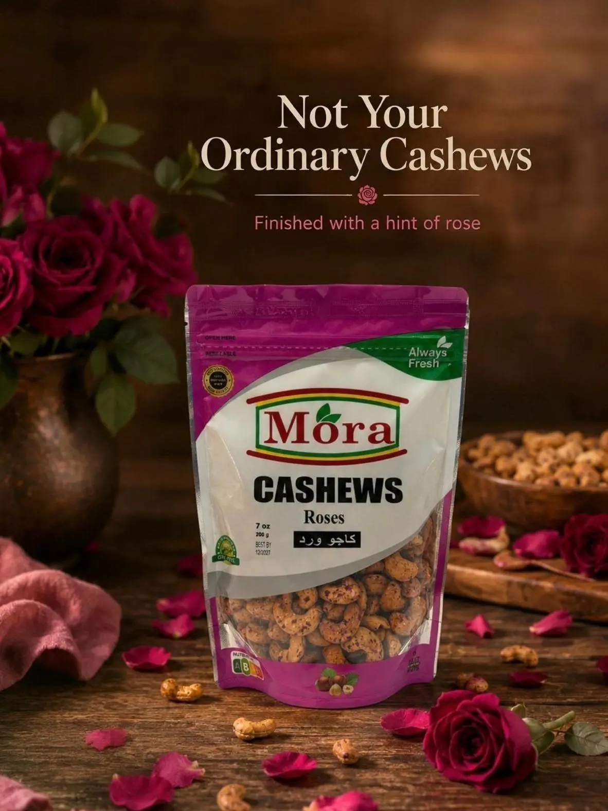 Mora Rose-Flavored Daily Fresh Roasted Cashews, Gourmet Snack Nuts for Daily Enjoyment