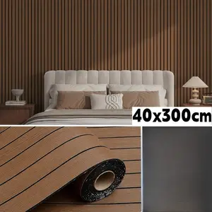 PVC Slat Wall Panel Peel and Stick 40CM"x 300CM" Faux Wood Slat Panel Artificial Oak Wood Grain Self-Adhesive Soundproof 3D Diy Wall Panels for Interior Walls and Ceilings Wood Grain Wallpaper