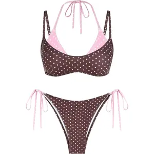 Women's Polka Dot Bikini Set Double Layer Halter Swimsuit Colorblock Side Tie 2 Piece Bathing Suit