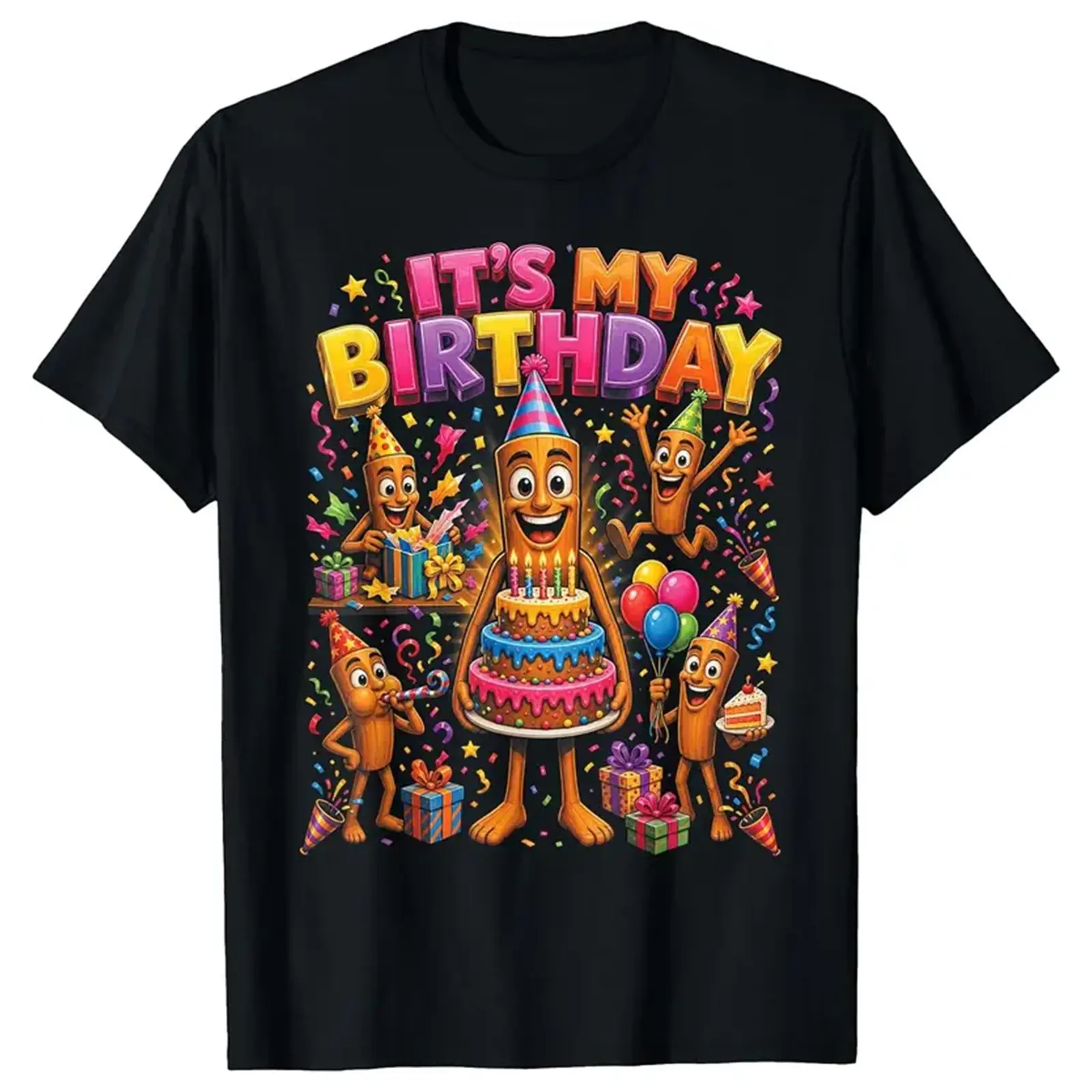 It's My Birthday Funny Cartoon Party Character Novelty Graphic Tee,Premium Soft Cotton Unisex Crew Neck Humor Birthday Gag Gift T-Shirt