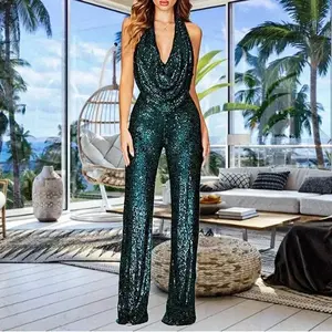 Sexy Folds Deep V-neck Sequin Jumpsuits Fashion Slim Sleeveless Backless Straight Jumpsuits Elegant Party Women's Clothing Womenswear Overalls(Sheet)