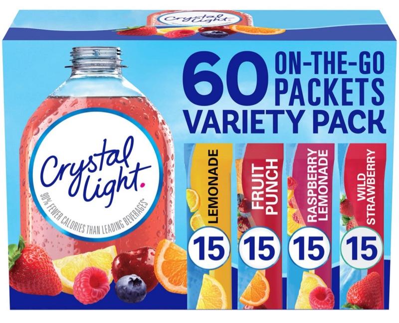 Crystal Light Variety Pack Drink Mix - 60 Packets of Beverage Mixed Powder with Lemonade Fruit Punch Raspberry Lemonade Wild Strawberry Flavor Powdered Orange