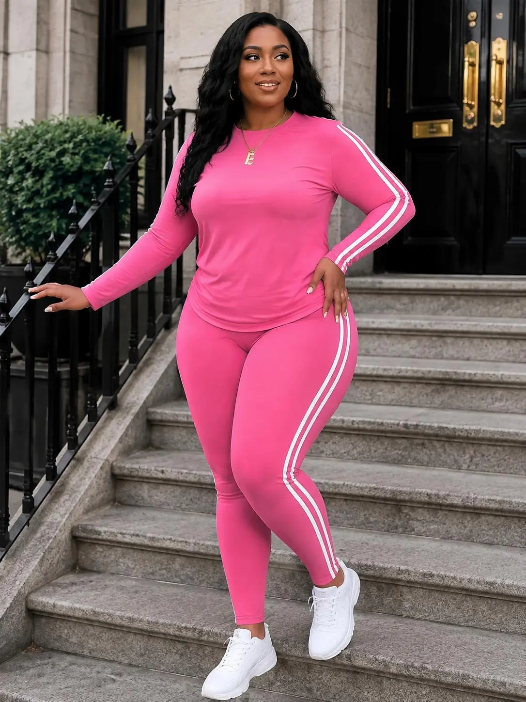 Women's Plus-Size 2-Piece Casual Activewear Sets - Striped Athletic Crewneck Short-Sleeve Top & Long Pants, Basic Round-Neck Solid-Paneled Long-Sleeve Slim-Fit Top & Pants (Complements Home Festive, Party Hats & Masks Supplies)
