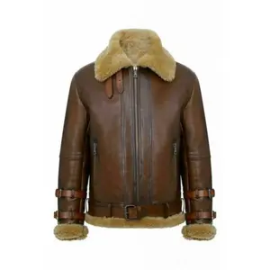 Mush Editions Men's Aviator Genuine Bomber Leather Jacket with Fur Brown Full Grain Leather Zip Closure Shearling Collar Two Pockets