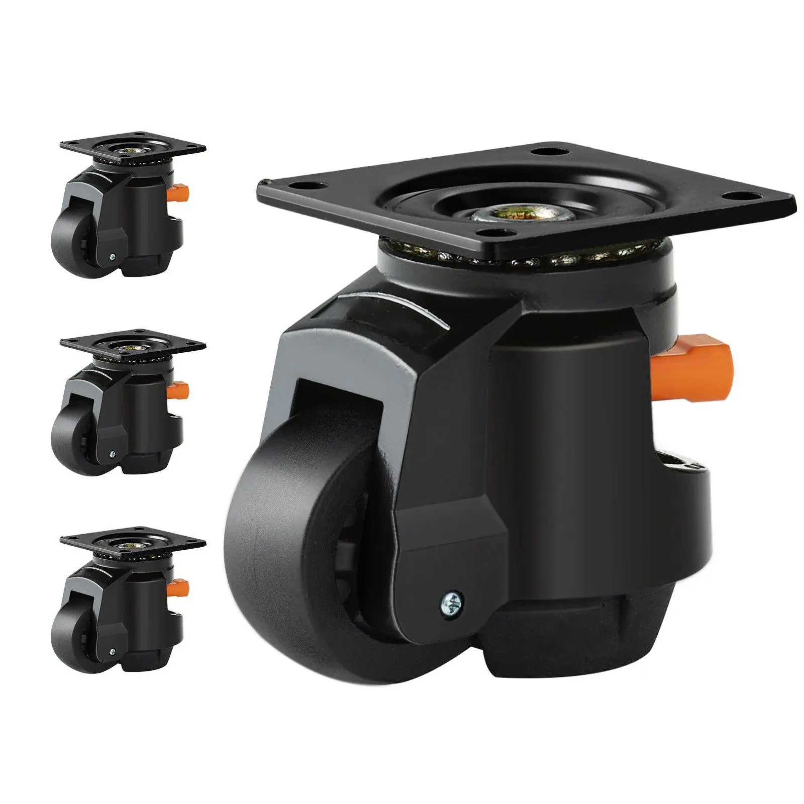 Heavy Duty Leveling Swivel Casters, 4-Pack 2.5” Adjustable Height Caster Wheels with Upgraded Ergonomic Handle, 2200LBS Super Load Capacity, Vibration-Absorbing Rubber Padding Carbon Steel Top Plate, Industrial Casters for Machine & Workbench
