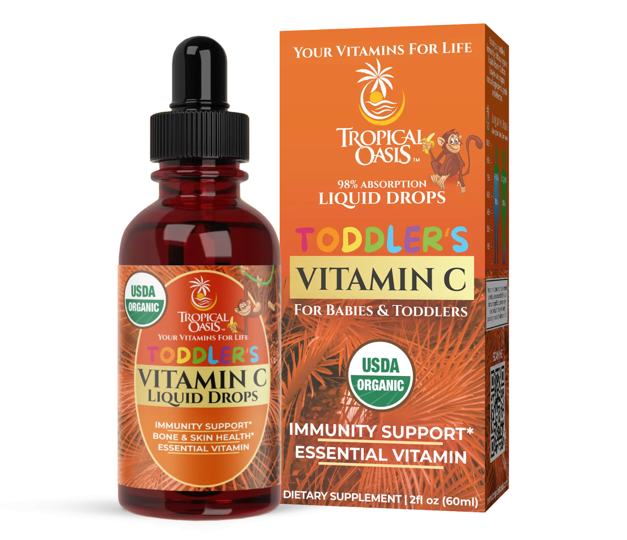Tropical Oasis Toddler's Vitamin C Liquid Drops 60ml USDA Organic Acerola Extract 98% Absorption for Immunity