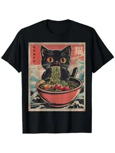 Women's Cartoon Cat Eating Noodles Print Round Neck T-Shirt, Casual Loose-Fitting Summer Top, Daily Wear Outdoor Clothing