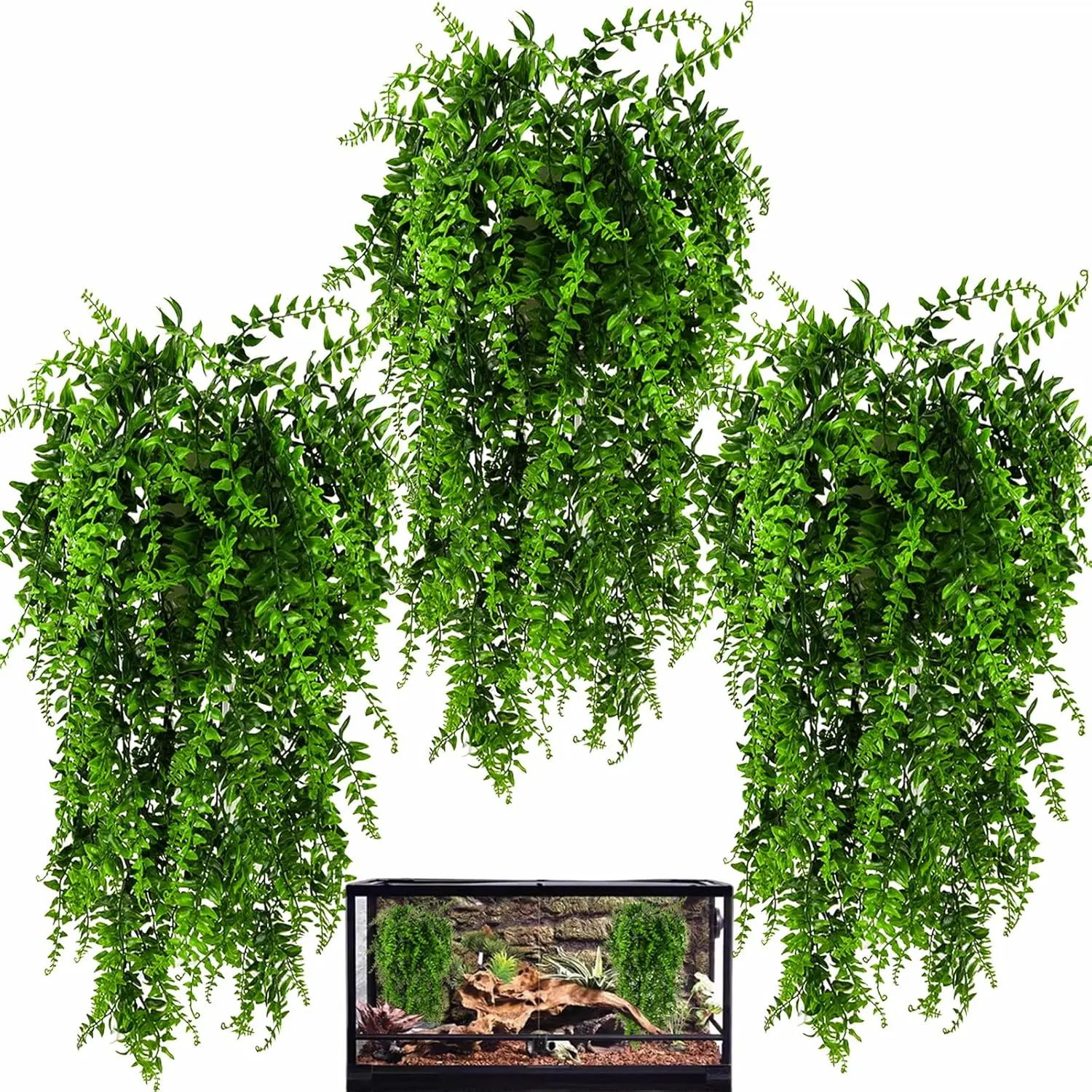 Plastic 3-Pack Reptile Artificial Plant Set - Hanging Vines with Strong Suction Cups, Jungle Look Habitat Decorations for Reptiles