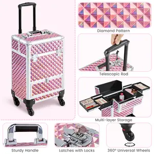 Yaheetech Rolling Makeup Case Aluminum Cosmetic Case Professional Makeup Train Case Large Capacity with 4 Trays & Drawer