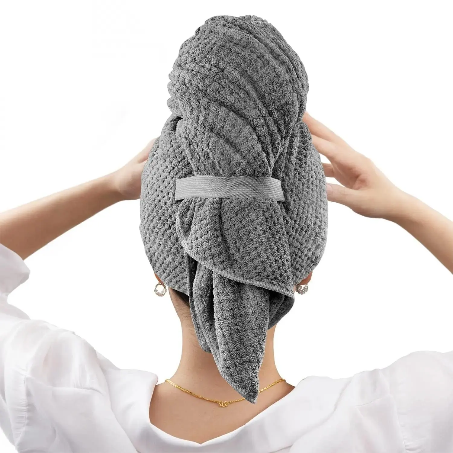 Hair Drying Towel, Plopping Towel Curly Hair, Solid-Colored Soft & Absorbent Microfiber Hair Wrap with Elastic Strap, Large Hair Turban Towel for Wet Hair, Travel Towels