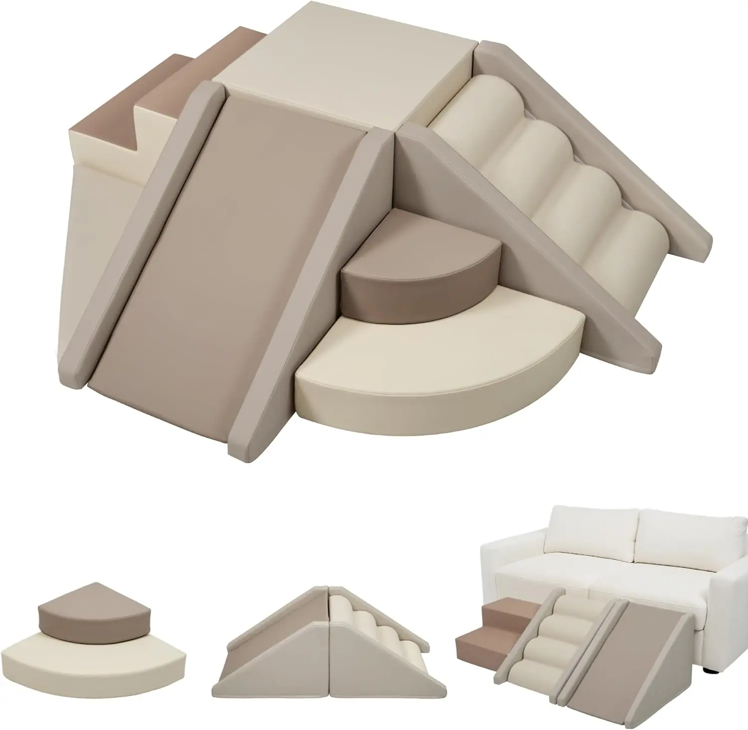 Indoor Climbing Toys for Toddlers, 9-Piece Foam Climbing Blocks Climb & Crawl Tunnel Soft Play Set (9-Piece Cappuccino)