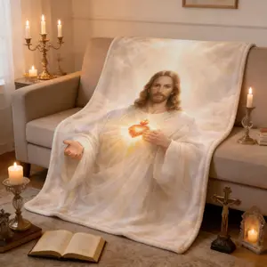Sacred Heart of Jesus Flannel Blanket Soft Cozy Plush Throw Perfect Christian Devotional Gift Warm Snuggle Blanket for Bedroom Prayer Space Heavenly Divine Light Religious Art Design