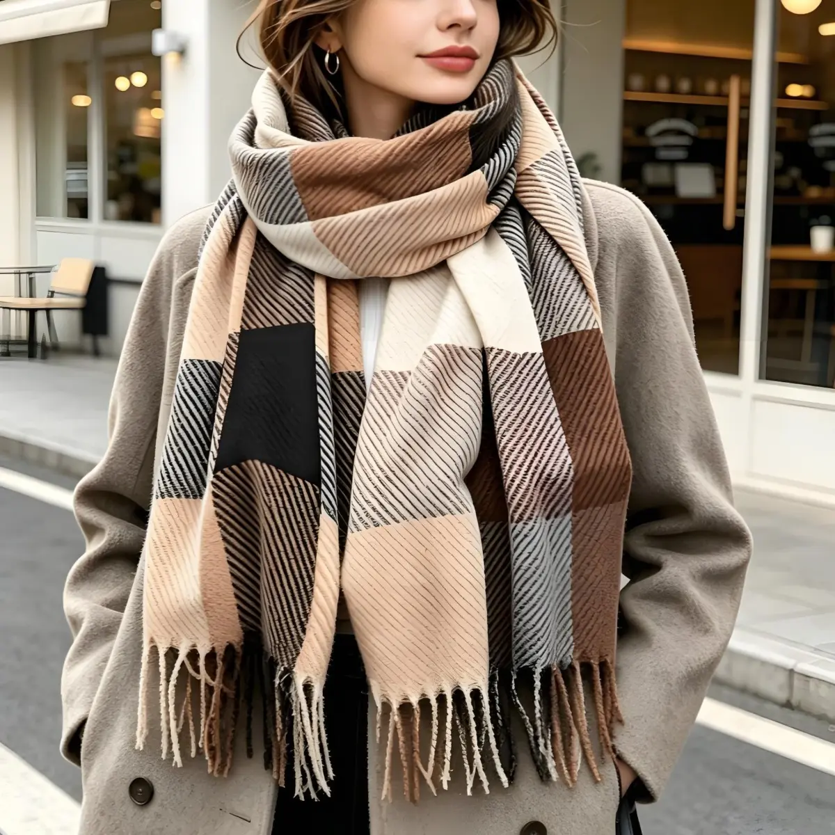 Plaid Scarf Women Winter Long Check Tartan Scarf Fall British Style Fringe Shawl Wrap Cozy Soft Faux Cashmere Aesthetic College Student Gift For Her