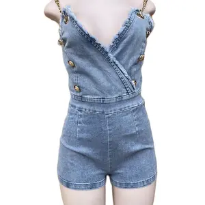 Blue Jean Romper - Women's Denim Jumpsuit with Front Pocket, Collared Neckline & Adjustable Straps - Jumpsuits, Womenswear