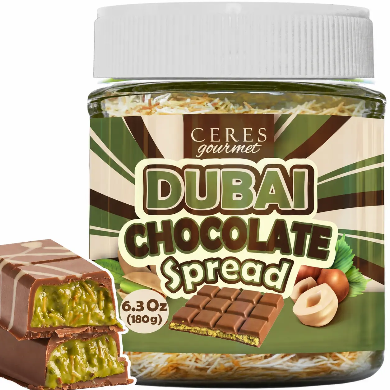 Sweet Dubai Chocolate Spread - 6.35 oz Jar with Pistachio, Kataifi & Gourmet Filling for Pancakes, Snacks, Desserts (Dubai Chocolates for Pantry Preserves)
