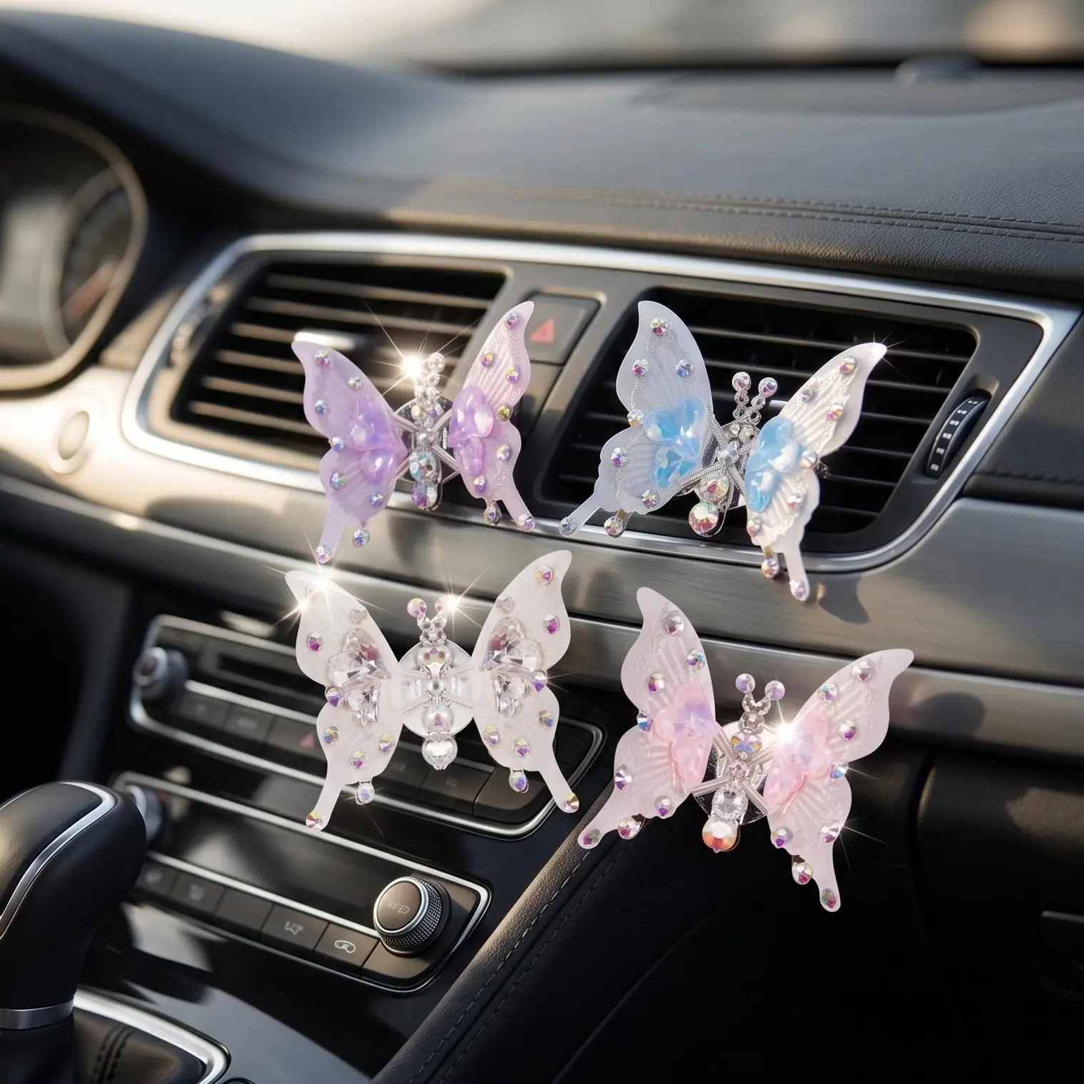 4Pcs Shaking Bling Butterfly Car Interior Stickers, 3D Rhinestone Crystal Butterfly Car Air Vent Outlet Decal, Aesthetic DIY Multi-Use Decor Mother's Day Gift for Women